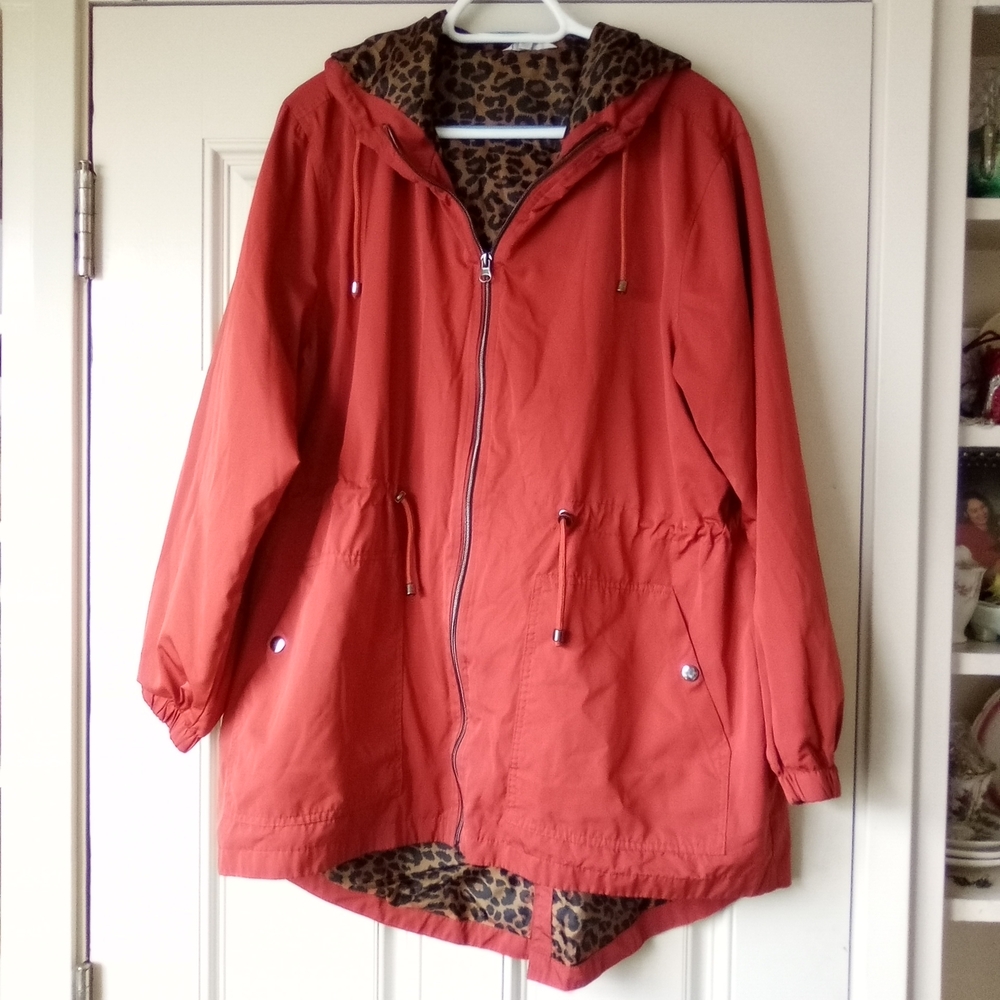 Time & Tru Red Hooded Jacket with Leopard Lining